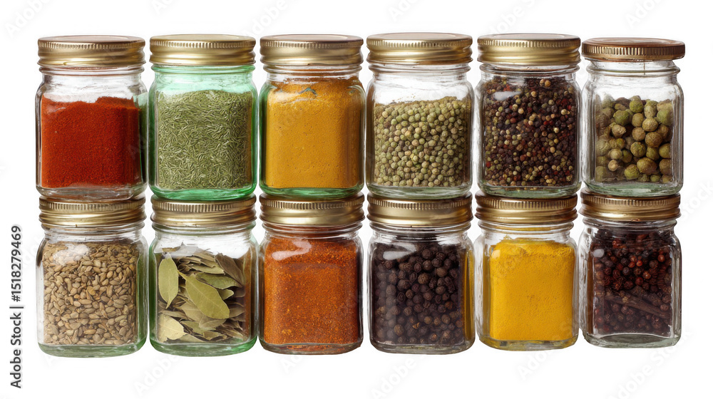 Poster twelve glass jars with golden lids containing a variety of colorful spices are neatly arranged in tw