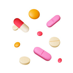 Medicine icons 3d rendering. Isolated realistic pills and capsules. Healthcare, treatment and disease. Pharmacy products, vitamins, vector set