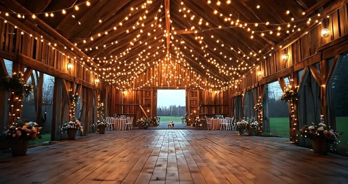 A rustic barn is beautifully decorated with string lights for an evening wedding reception.