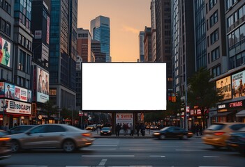 Realistic Urban Billboard Mockup &ndash; Sunset City Street with Cars & People