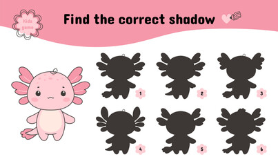 Find correct axolotl shadow. Children educational play with mexican pink salamander. Development of attention and erudition in children, nowaday vector template