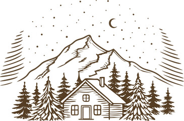Obraz premium Cozy cabin in forest with snowy mountain background rustic winter landscape, pine trees, starry night illustration