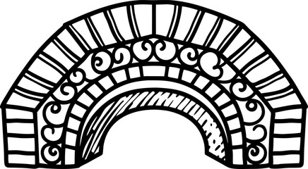 Ornate stone bridge arch illustration with intricate swirling patterns and geometric block structure, hand drawn design