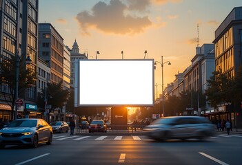 Realistic Urban Billboard Mockup &ndash; Sunset City Street with Cars & People