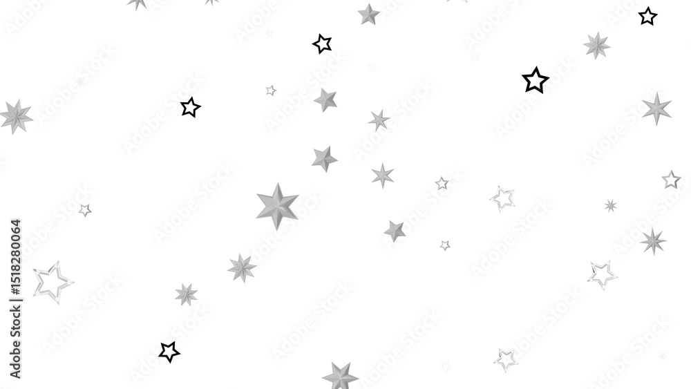 Poster a simple abstract graphic with silver stars scattered on a black background. the stars are various s