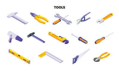 Collection of Isometric Construction Tools Icons for DIY Projects