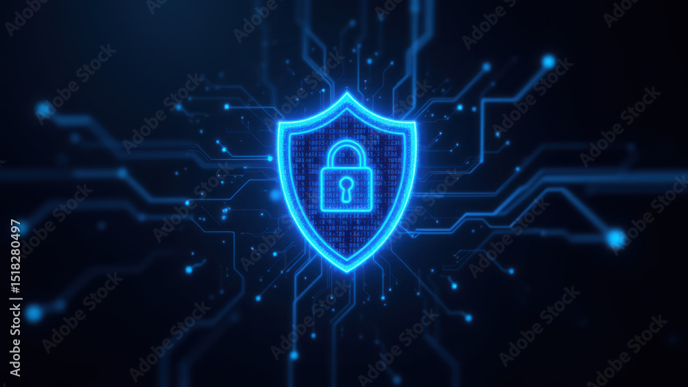 Poster a digital lock with glowing circuits as a symbol of cyber security.