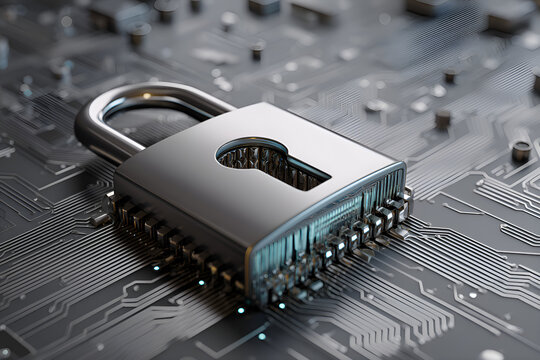 Padlock protecting computer circuit board symbolizing digital security