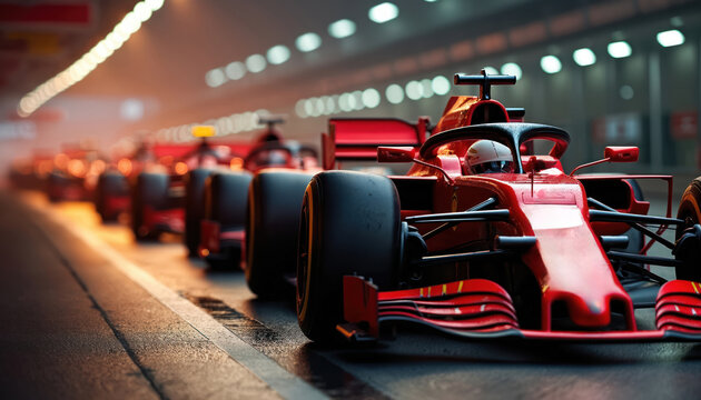 Formula 1 cars lined up on starting grid ready for race. Anticipation builds, lights out countdown begins. High-speed motorsport competition, drivers await start. Race track action, engines roar,