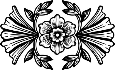 Fototapeta premium Ornate floral illustration with central blooming flower, decorative symmetrical leaves, and vintage botanical design