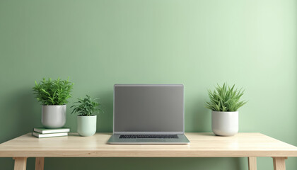 Minimalist workspace with laptop, plants. Modern home office, light wooden desk, green wall backdrop. Empty screen mockup, digital device on table. Concept, remote work, home office interior design,