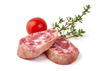 Artisan Salami Sausage, isolated on white background