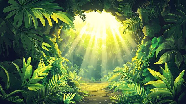 Fototapeta Luminous jungle path through cave opening sunlight tropical plants