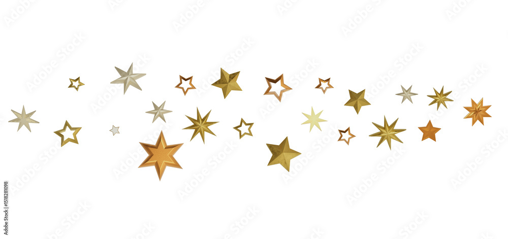 Poster an abstract digital illustration featuring a scattered arrangement of golden stars against a black b