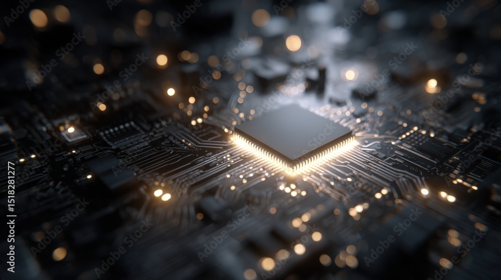 Poster high tech circuit board microchip close up glowing technology digital innovation computer hardware