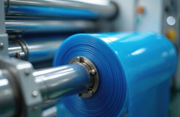 Close-up shot roller of polyethylene bag production machine. Process of automatic cellophane packaging, packing in modern industry. Production of plastic bags. Plastic film on steel mechanism.