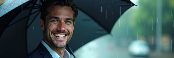 Handsome Man Smiling in the Rain holding an umbrella while enjoying the rainy atmosphere