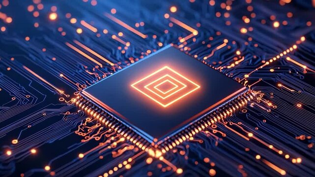 Close up view of microchip on motherboard with glowing orange circuit lines representing high tech computing and digital innovation