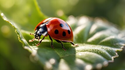 Fototapeta premium Cute Ladybug on a Green Leaf