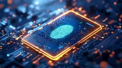 Glowing smartphone with fingerprint scan interface on futuristic circuit board representing biometric security and digital identity - Powered by Adobe