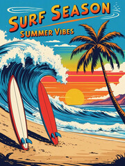 Retro Surf Poster with Sunset, Waves, and Palm Tree on Tropical Beach