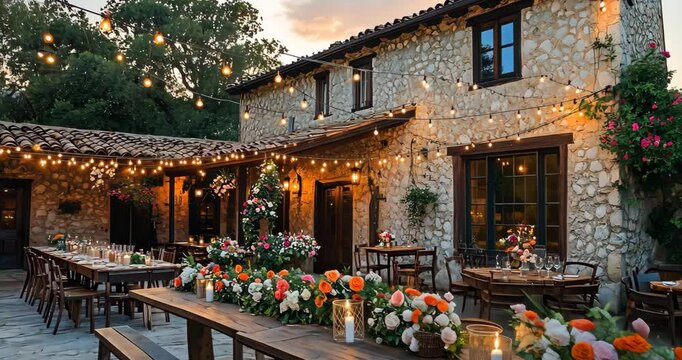 An outdoor wedding reception is held at dusk, with string lights and flowers decorating the tables.