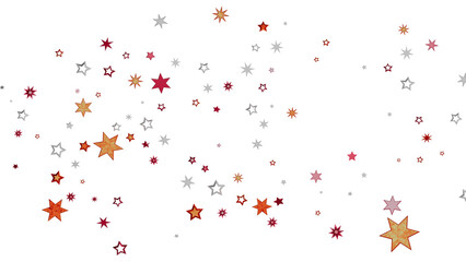 Beautiful image of red, orange, and silver stars scattered on a white background. Perfect for holidays and celebrations.