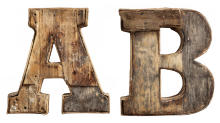 Two large handpainted wooden letters, a and b, showing signs of weathering and age, isolated on a transparent background, perfect for vintage or rustic design projects
