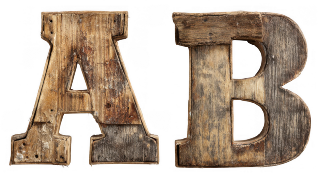 Two large handpainted wooden letters, a and b, showing signs of weathering and age, isolated on a transparent background, perfect for vintage or rustic design projects