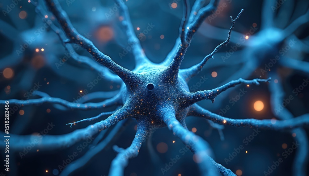 Poster illustration neuron cell with branches, glowing dots. concept shows network communication, artificia