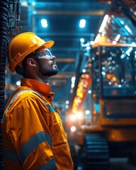 Worker operating heavy machinery in a noisy industrial environment