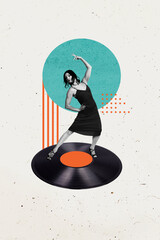 Poster trend sketch template 3D photo collage of young lady dance vinyl elegance elegant dress...