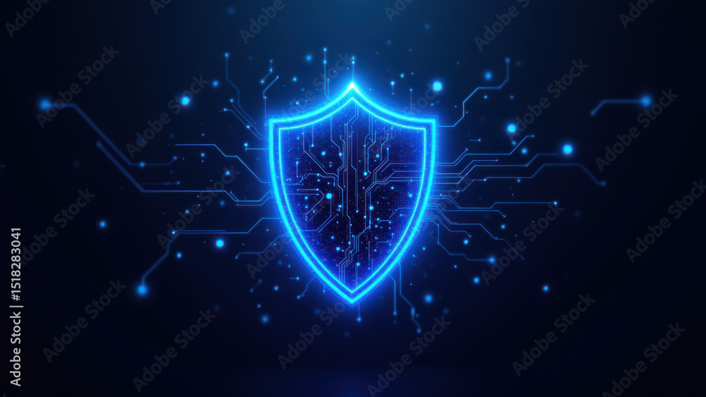 Poster cybersecurity icon with glowing shield on digital matrix background.