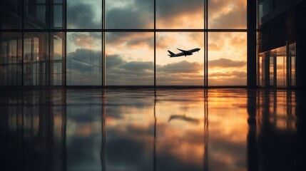 The airplane soaring against a stunning sunset view through modern airport windows.
