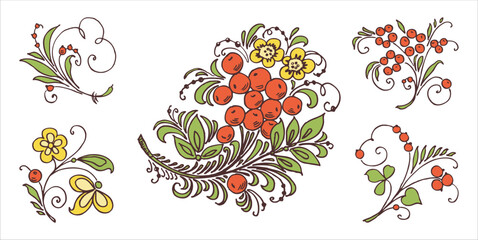 Outline hand drawingы of decorative bunches with berries, flowers, leaves, tendrils, vector illustration © avelksndr