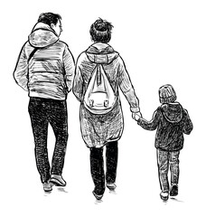 Sketch of young family, parents with little son walking outdoors, back view, realistic hand drawn vector illustration