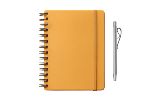 PNG Yellow spiral notebook and pen on black background - stylish stationery essentials