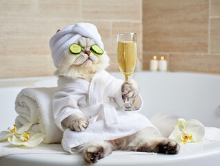 A cozy tabby cat in a bathrobe enjoying sparkling water with cucumber slices over its eyes in a soft-lit setting
