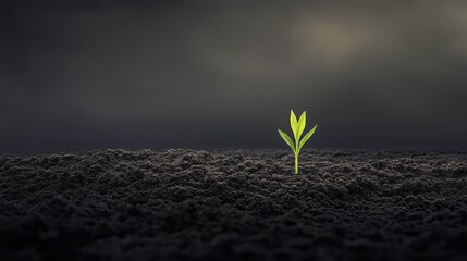 Lone Green Plant Sprouting in Dark Soil