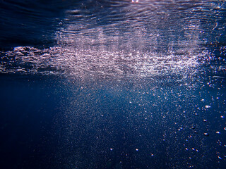 Air bubbles underwater rising to water surface, natural scene, bubbles under water, bubble...