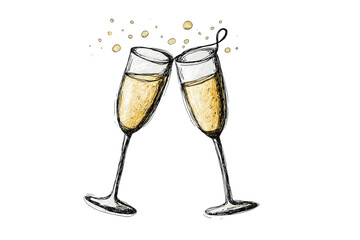 PNG Cheers celebration: sketch of two champagne glasses toasting with bubbles