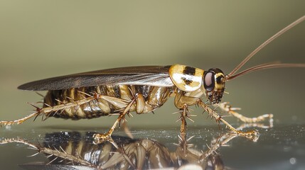 A detailed macro photograph of a cockroach, showcasing its complex features and anatomy.
