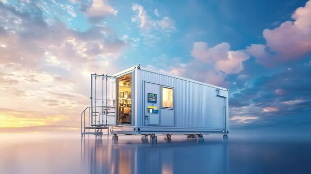 Portable high-tech laboratory unit with open door and interior lights on reflective surface under vibrant sunset and cloudy sky