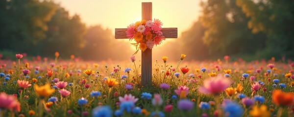 Sunrise behind wooden cross adorned fresh spring flowers. Easter morning concept resurrection hope. Floral field backdrop creates peaceful spiritual atmosphere. Religious theme for holidays