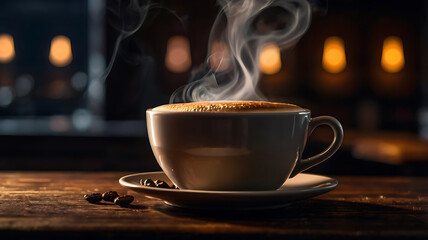 A steaming cup of coffee placed on a dark wooden table, with soft steam rising. The background is dark with a subtle bokeh effect. Warm, focused lighting highlights the coffee cup, creating a cozy and