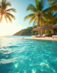 Obraz premium Tropical beach scene with turquoise ocean water, swaying palm trees, beach umbrellas, sunny sky. Crystal clear waters, golden sunlight, tranquil seaside, perfect for vacation, getaway. Idyllic coast,