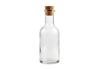 Isolated Clear Glass Bottle with Cork Stopper for Liquid Storage