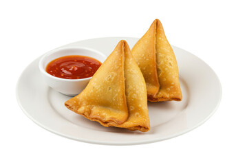 Isolated Crispy Samosas with Spicy Tomato Chutney