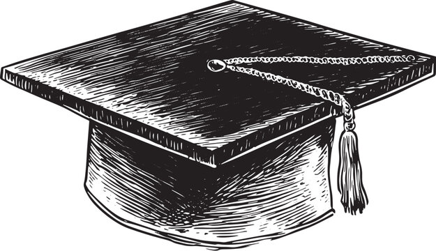 Square academic cap sketch engraving vector illustration. Scratch board style imitation. Black and white hand drawn image.