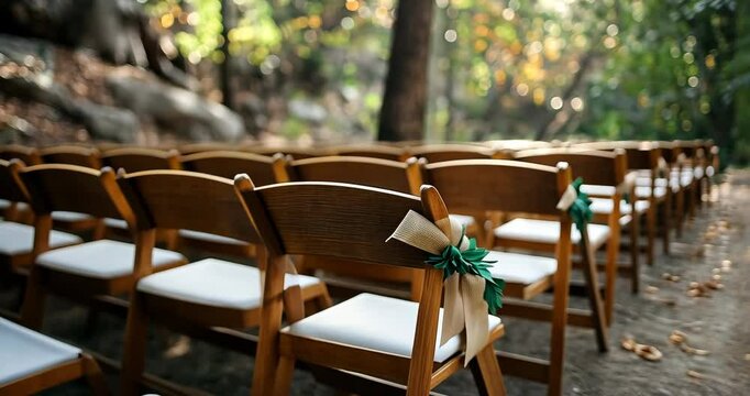 Low angle static shot: Wooden chairs with burlap and green decorations at an outdoor wedding ceremony in a forest.